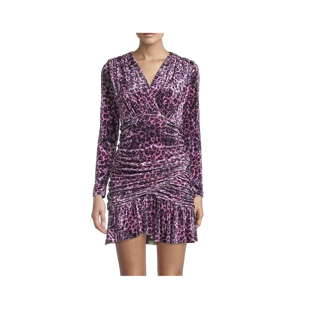 DELFI Collective Purple Leopard Velvet Ruched Mini Dress Long Sleeve V-Neck S